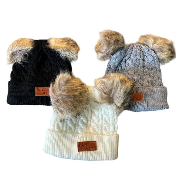 3 Knit Unisex Pom Pom Ear Set Of Toddler Beanies One Size - Picture 1 of 2